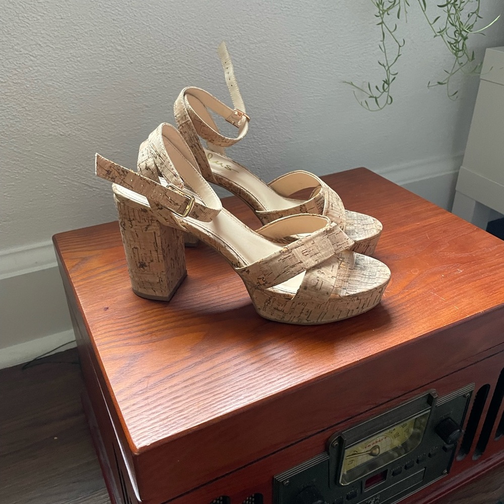 Lulu’s cork ankle strap heels